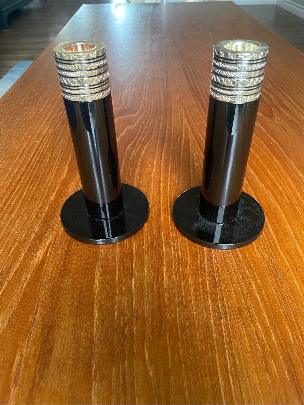 Vintage Black Candlestick Holders with Gold Accent Bands (Pair)